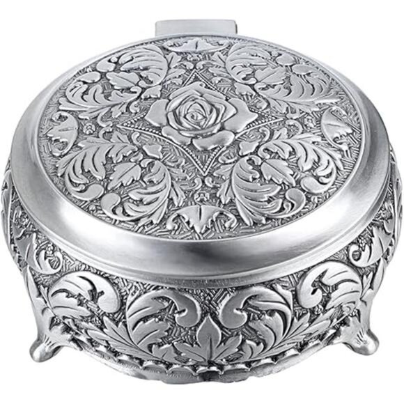 Metal Jewelry Box Vintage Ring Holder Trinket Organizer Small Round Storage Box - Picture 8 of 8